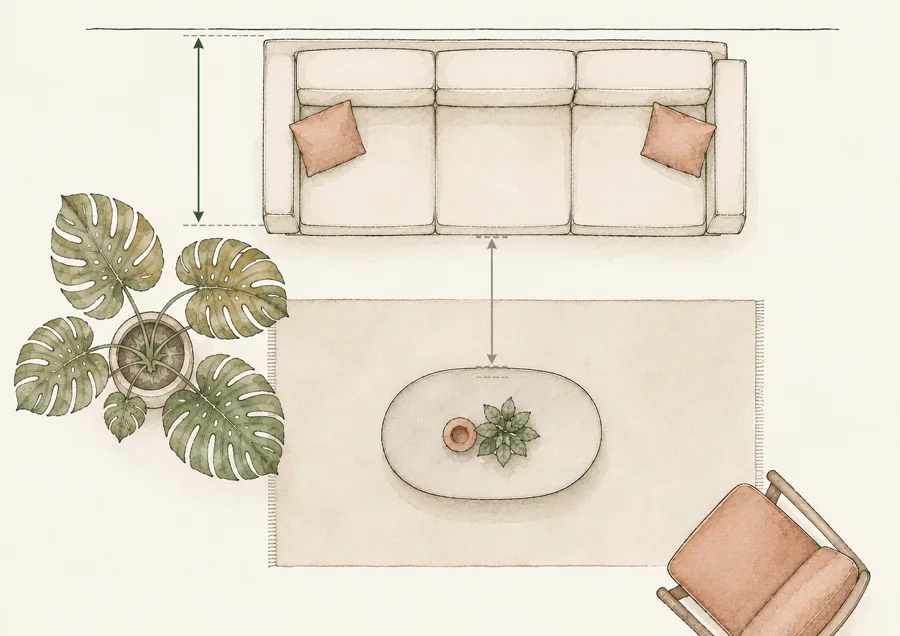Planta baixa de uma sala vista de cima: a medida em verde vai da
                parede até a frente do sofá, e a medida em cinza, logo abaixo,
                vai da frente do sofá até a mesa de centro.